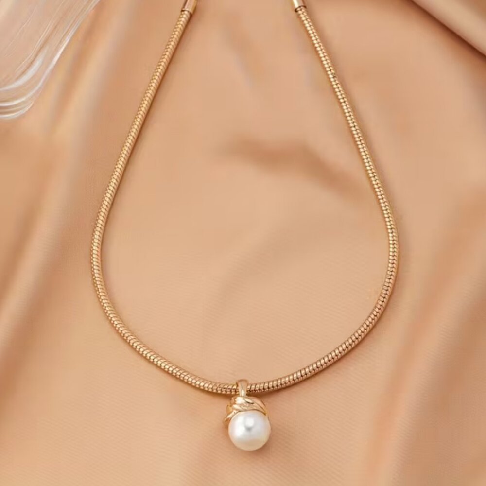 14K Gold Womens Solitaire White Natural Pearl Necklace 18" Size Chain Jewelry - Picture 5 of 8
